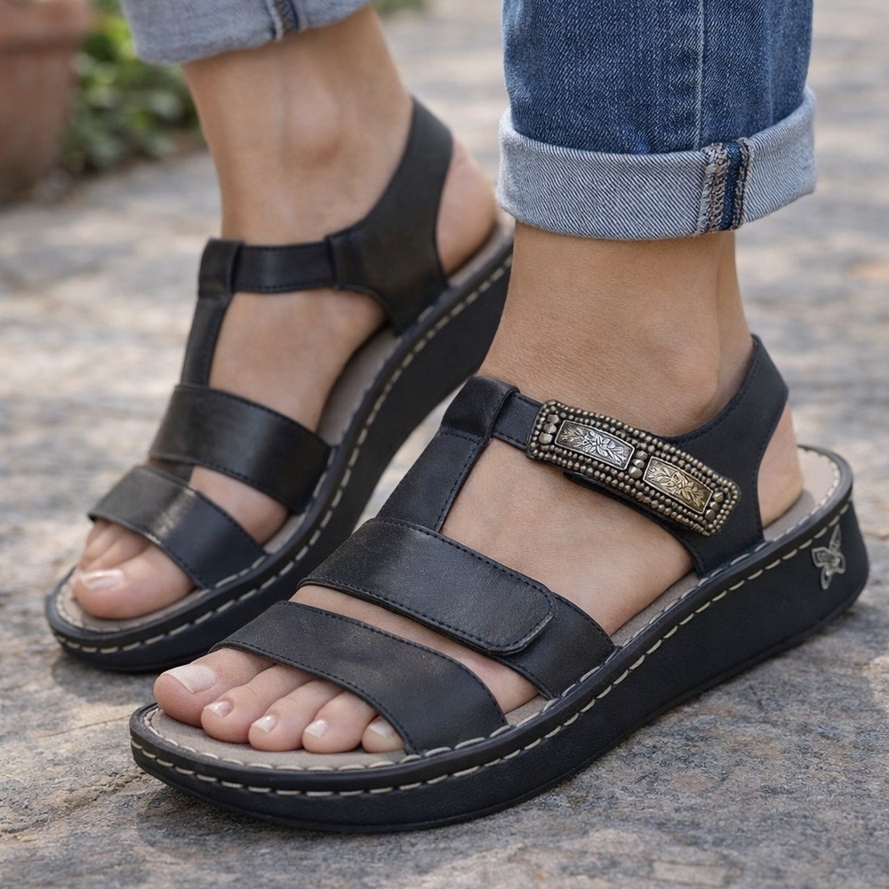 Alegria Black Leather T-Strap Comfort Sandals